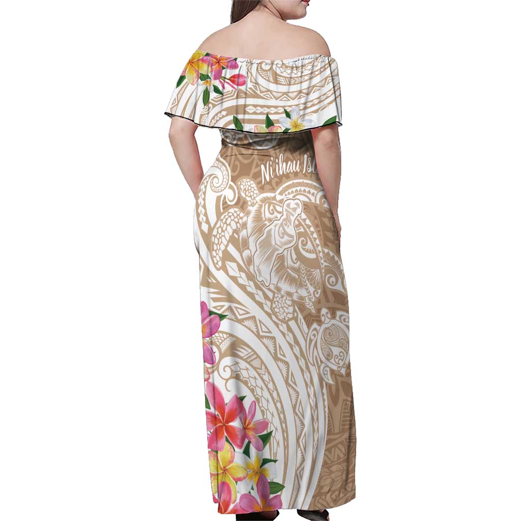 Aloha Ni’ihau Island Personalized Family Matching Off Shoulder Maxi Dress and Hawaiian Shirt Beige Dreamy Turtle