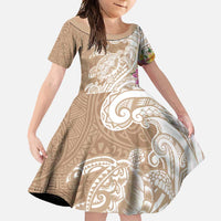 Aloha Niihau Island Personalized Family Matching Short Sleeve Bodycon Dress and Hawaiian Shirt Beige Dreamy Turtle LT7 Daughter's Dress Beige - Polynesian Pride