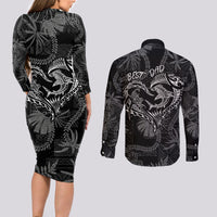 Hawaii Father's Day Vintage Lei Couples Matching Long Sleeve Bodycon Dress and Long Sleeve Button Shirt Hauoli la Makuakane - Black LT7 - Polynesian Pride