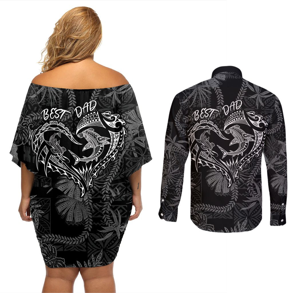 Hawaii Father's Day Vintage Lei Couples Matching Off Shoulder Short Dress and Long Sleeve Button Shirt Hauoli la Makuakane - Black LT7 - Polynesian Pride