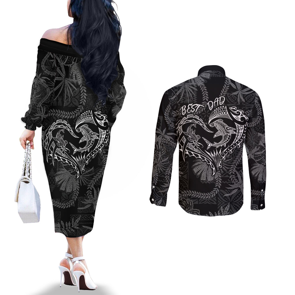 Hawaii Father's Day Vintage Lei Couples Matching Off The Shoulder Long Sleeve Dress and Long Sleeve Button Shirt Hauoli la Makuakane - Black LT7 - Polynesian Pride