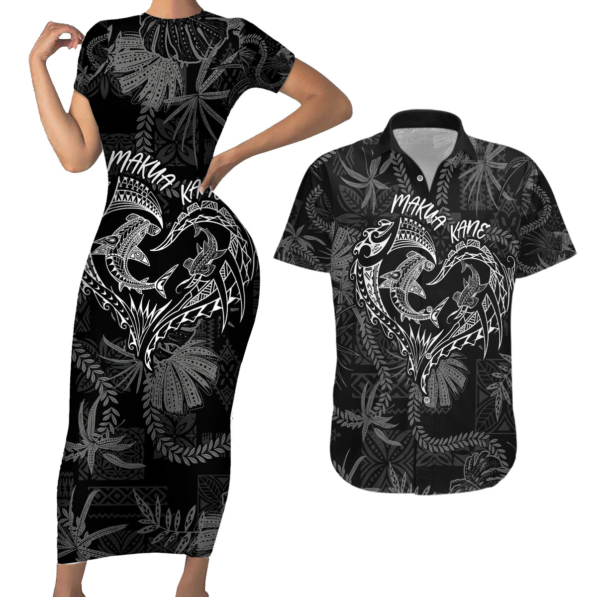 Hawaii Father's Day Vintage Lei Couples Matching Short Sleeve Bodycon Dress and Hawaiian Shirt Hauoli la Makuakane - Black LT7 Black - Polynesian Pride