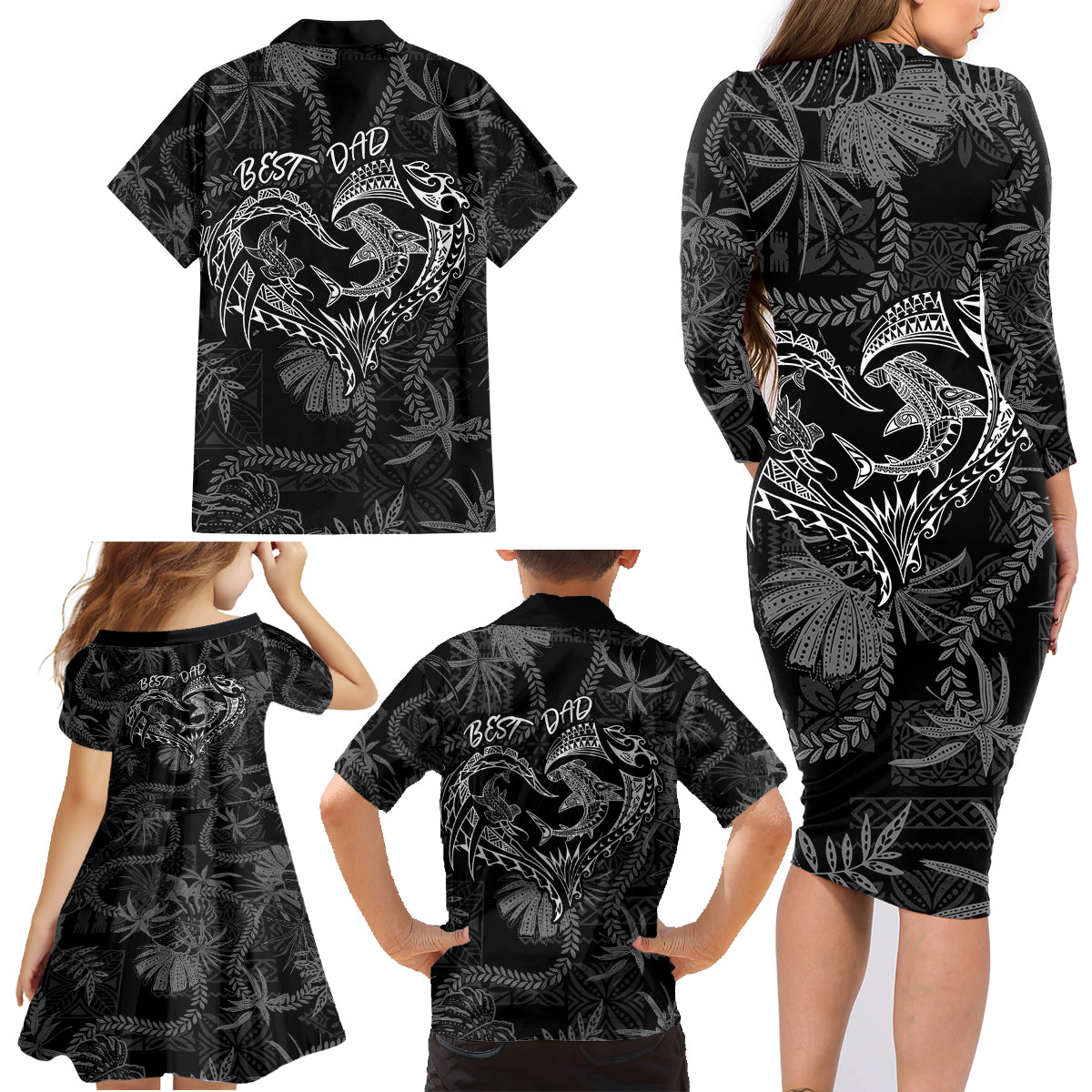 Hawaii Father's Day Vintage Lei Family Matching Long Sleeve Bodycon Dress and Hawaiian Shirt Hauoli la Makuakane - Black LT7 - Polynesian Pride