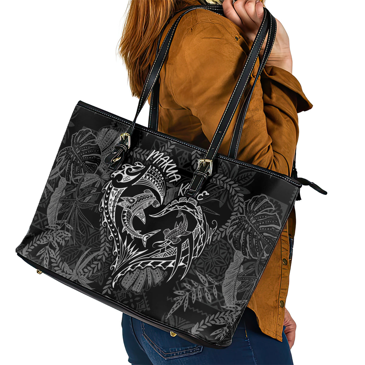 Hawaii Father's Day Vintage Lei Leather Tote Bag Hauoli la Makuakane - Black