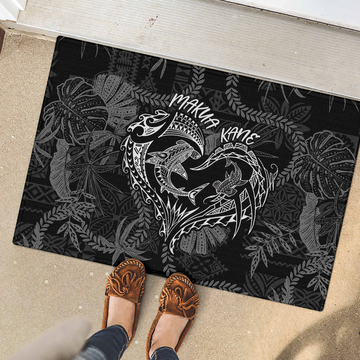 Hawaii Father's Day Vintage Lei Rubber Doormat Hauoli la Makuakane - Black