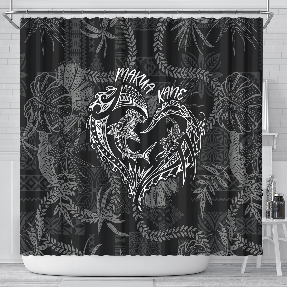Hawaii Father's Day Vintage Lei Shower Curtain Hauoli la Makuakane - Black