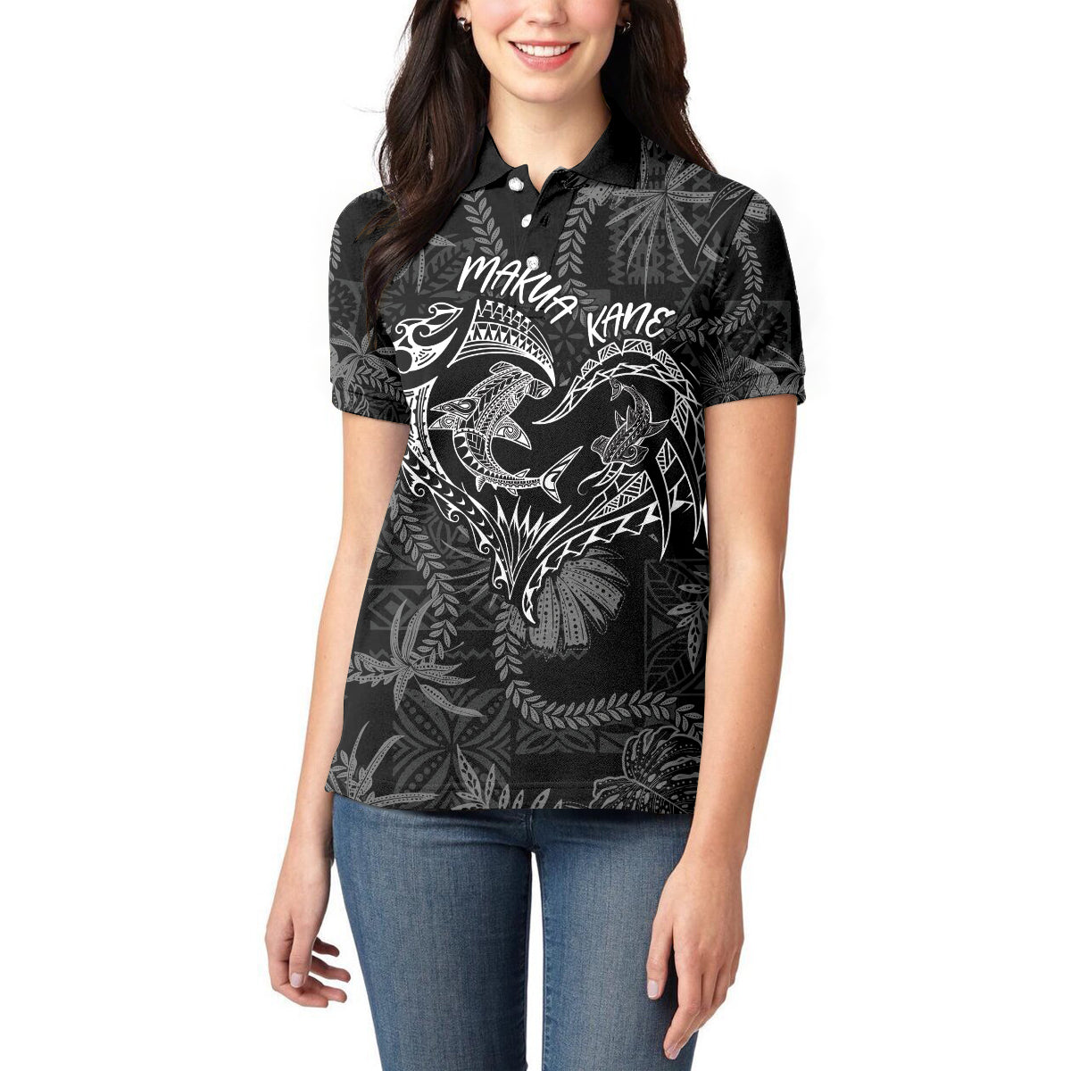 Hawaii Father's Day Vintage Lei Women Polo Shirt Hauoli la Makuakane - Black LT7 - Polynesian Pride