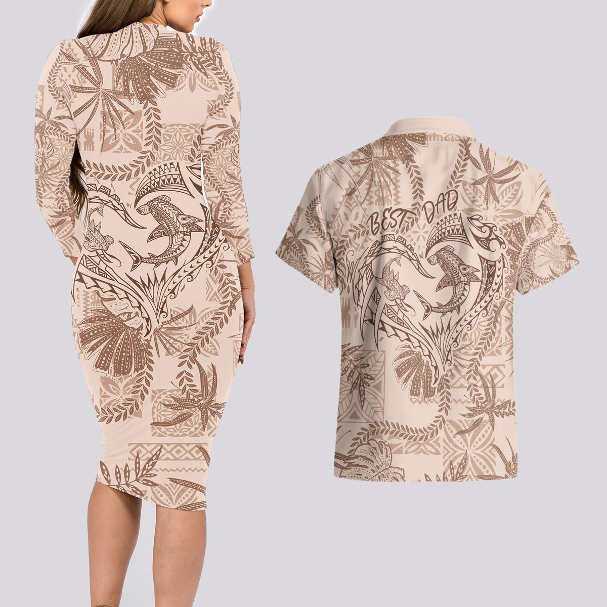 Hawaii Father's Day Vintage Lei Couples Matching Long Sleeve Bodycon Dress and Hawaiian Shirt Hauoli la Makuakane - Beige LT7 - Polynesian Pride