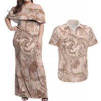 Hawaii Father's Day Vintage Lei Couples Matching Off Shoulder Maxi Dress and Hawaiian Shirt Hauoli la Makuakane - Beige