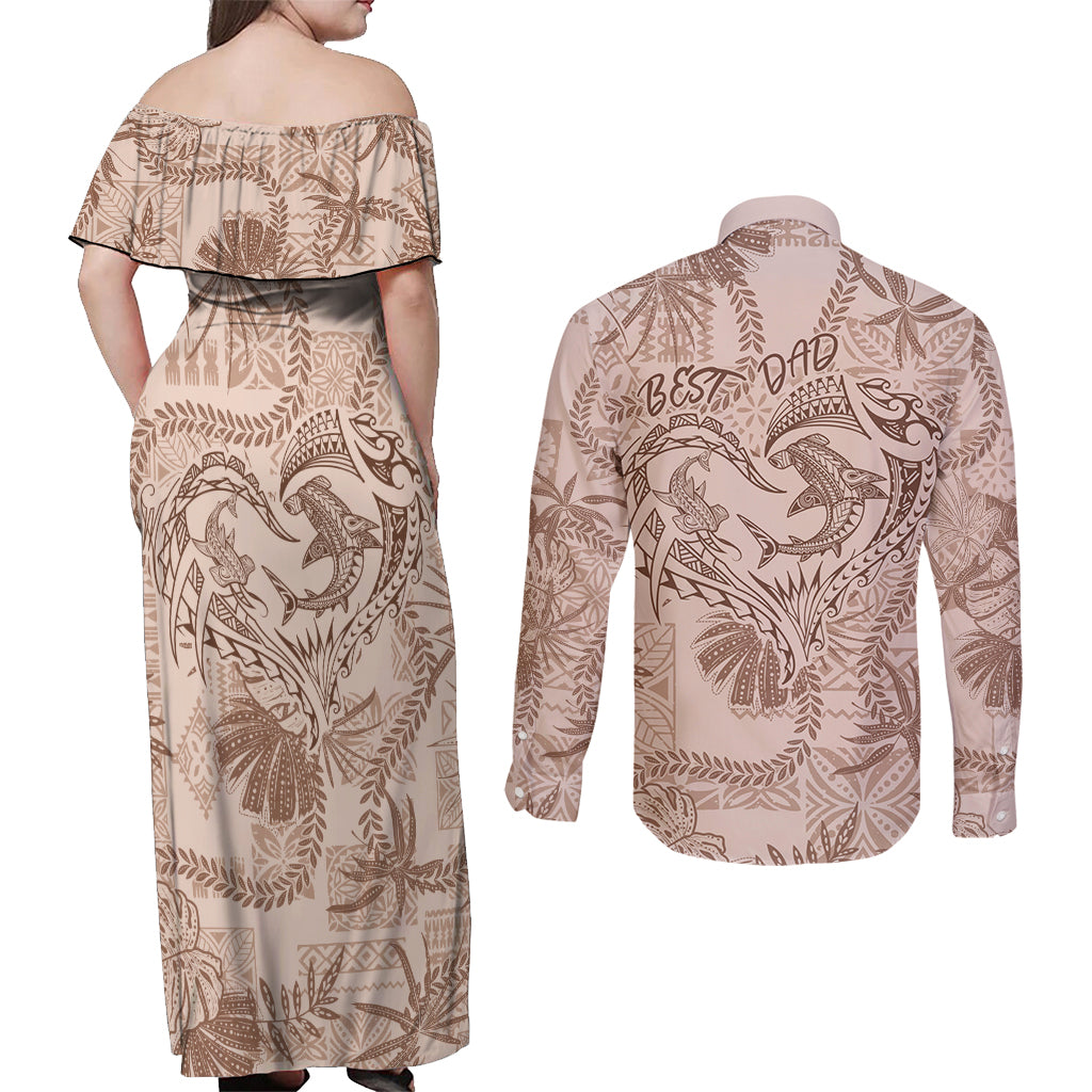Hawaii Father's Day Vintage Lei Couples Matching Off Shoulder Maxi Dress and Long Sleeve Button Shirt Hauoli la Makuakane - Beige LT7 - Polynesian Pride