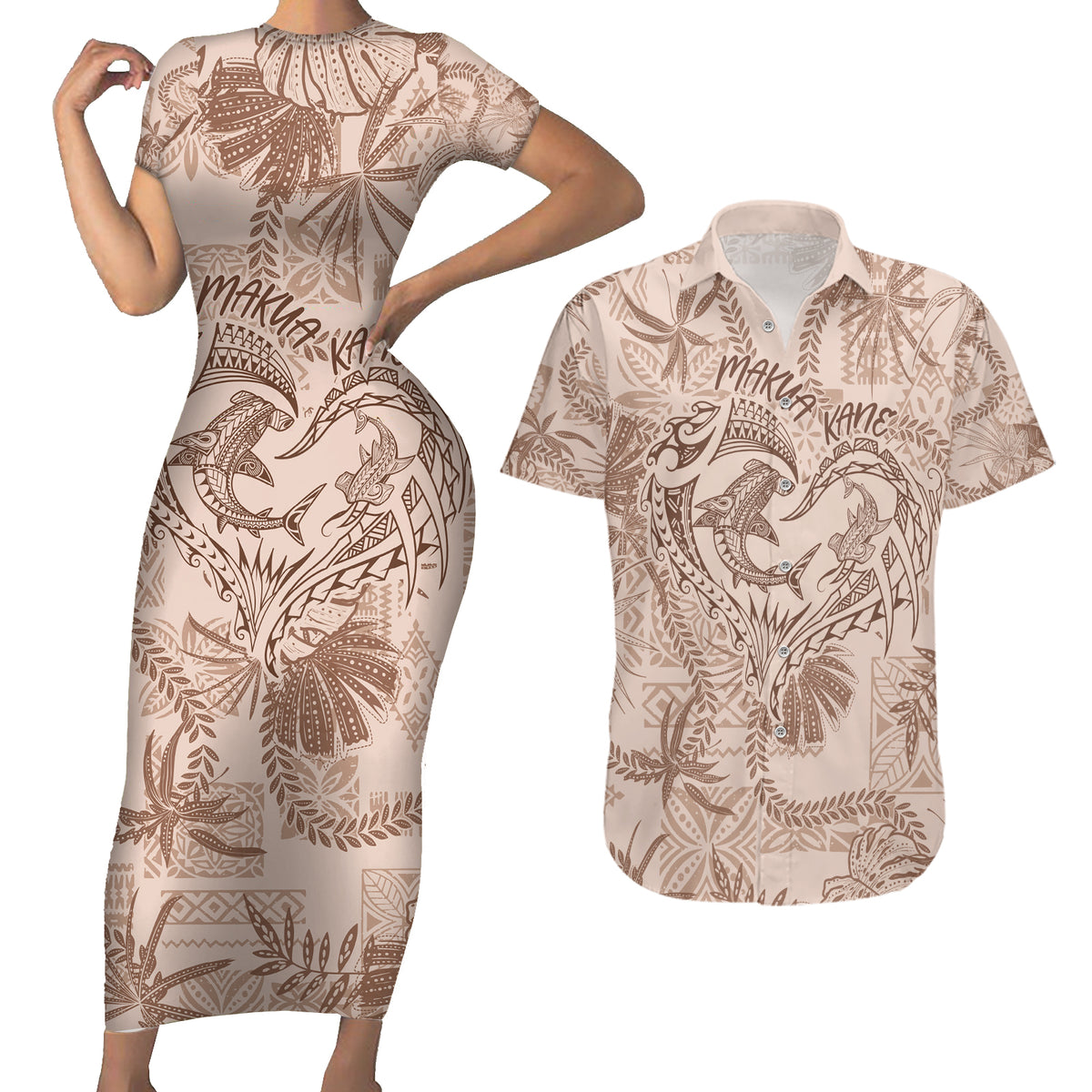 Hawaii Father's Day Vintage Lei Couples Matching Short Sleeve Bodycon Dress and Hawaiian Shirt Hauoli la Makuakane - Beige LT7 Beige - Polynesian Pride