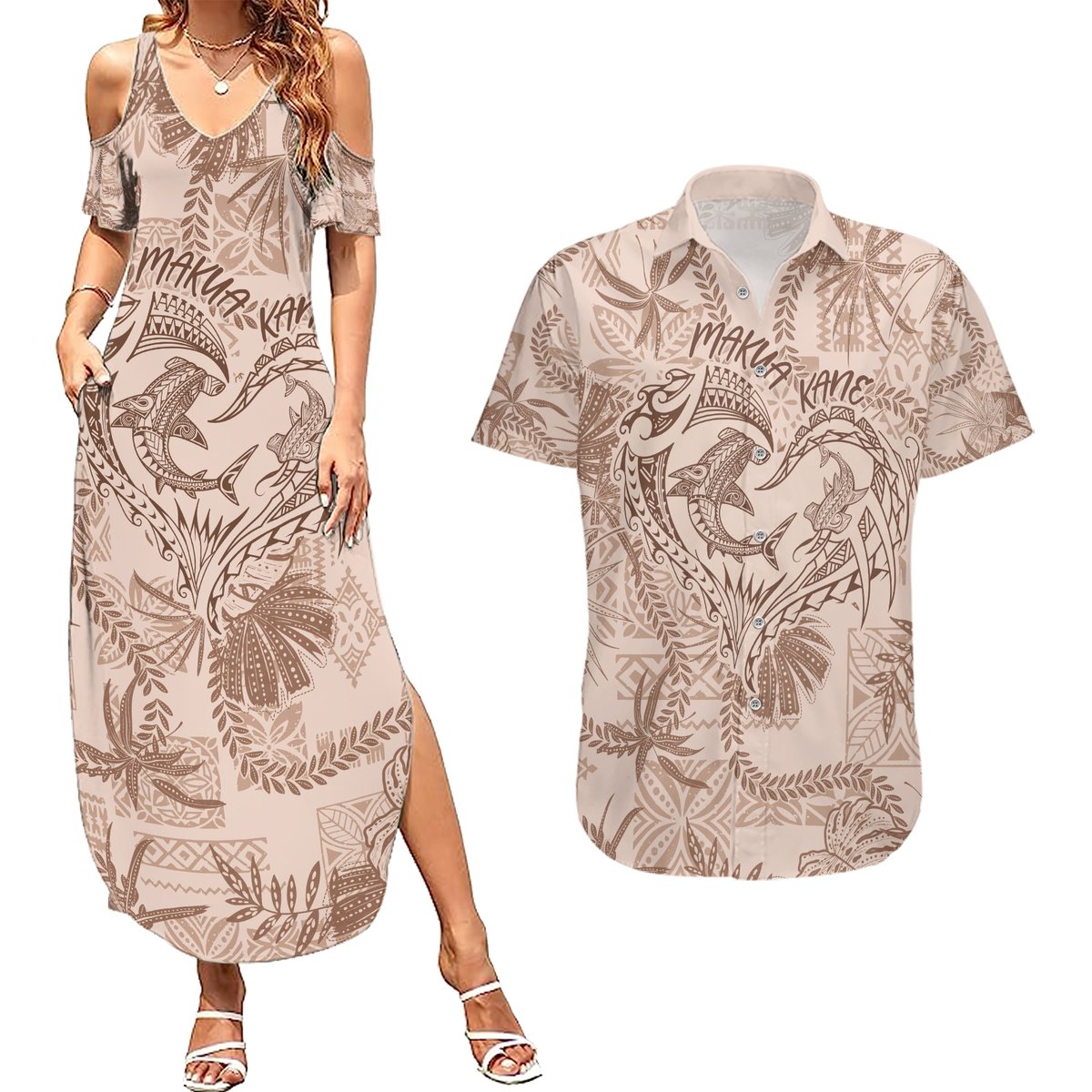 Hawaii Father's Day Vintage Lei Couples Matching Summer Maxi Dress and Hawaiian Shirt Hauoli la Makuakane - Beige