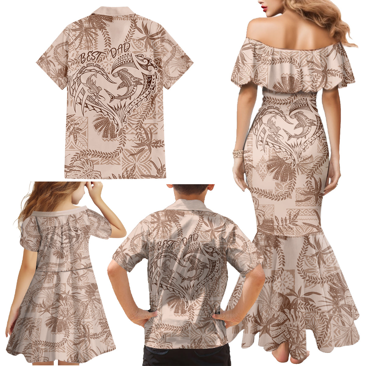 Hawaii Father's Day Vintage Lei Family Matching Mermaid Dress and Hawaiian Shirt Hauoli la Makuakane - Beige LT7 - Polynesian Pride