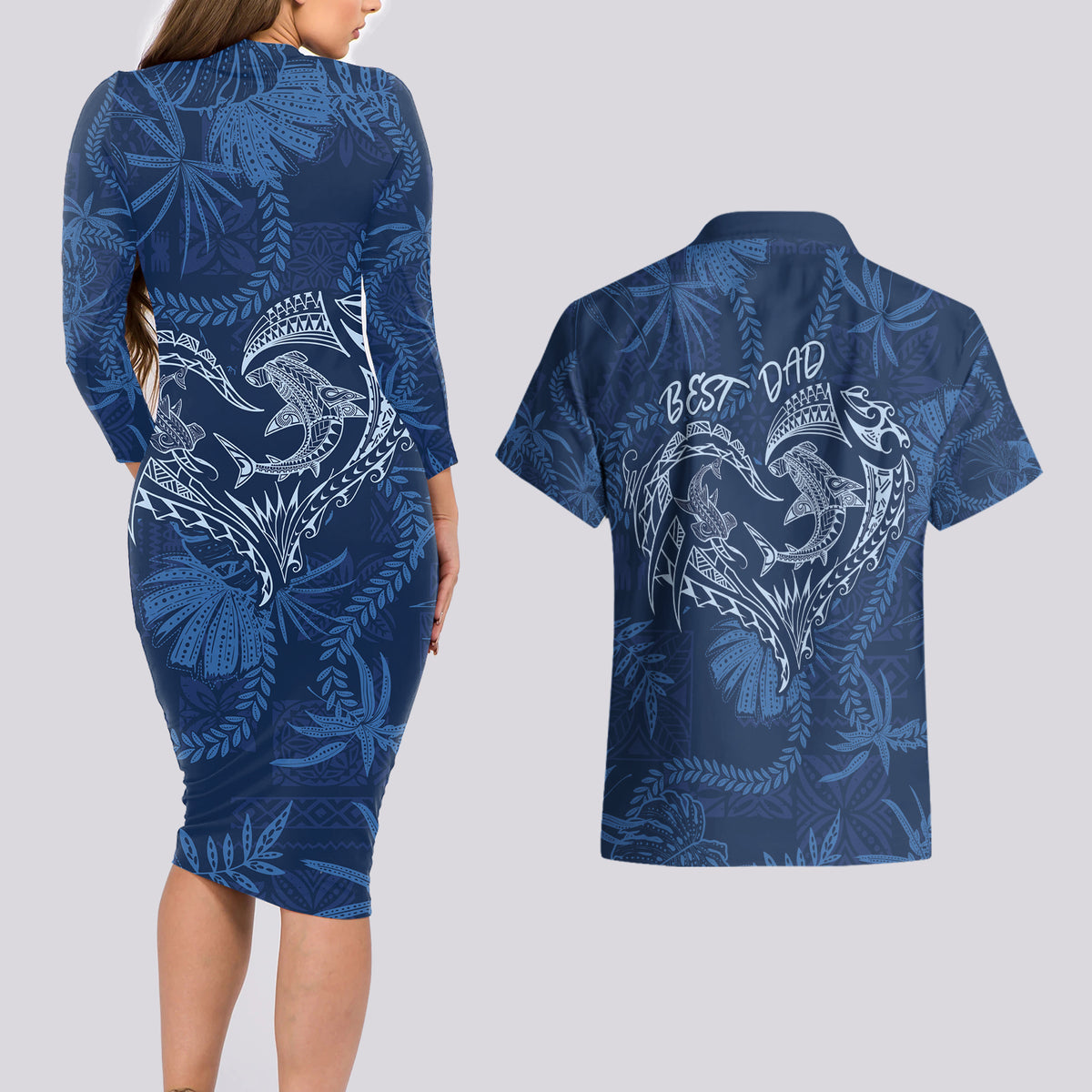 Hawaii Father's Day Vintage Lei Couples Matching Long Sleeve Bodycon Dress and Hawaiian Shirt Hauoli la Makuakane - Blue LT7 - Polynesian Pride