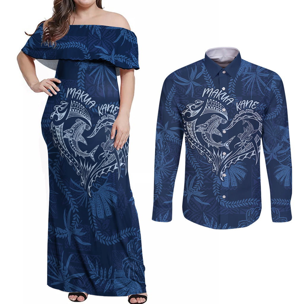 Hawaii Father's Day Vintage Lei Couples Matching Off Shoulder Maxi Dress and Long Sleeve Button Shirt Hauoli la Makuakane - Blue LT7 Blue - Polynesian Pride