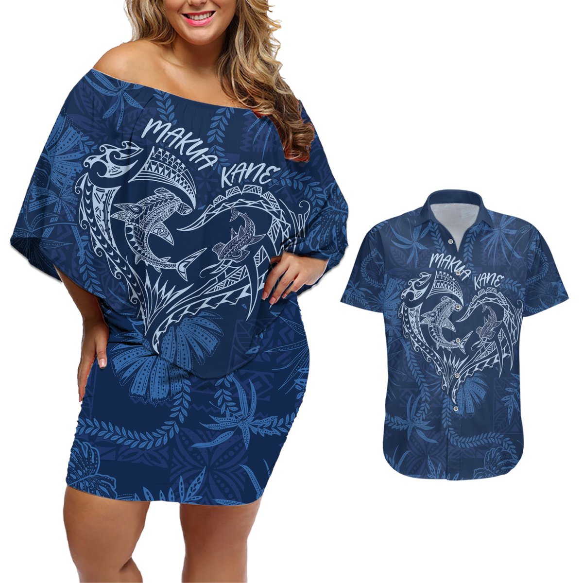 Hawaii Father's Day Vintage Lei Couples Matching Off Shoulder Short Dress and Hawaiian Shirt Hauoli la Makuakane - Blue LT7 Blue - Polynesian Pride