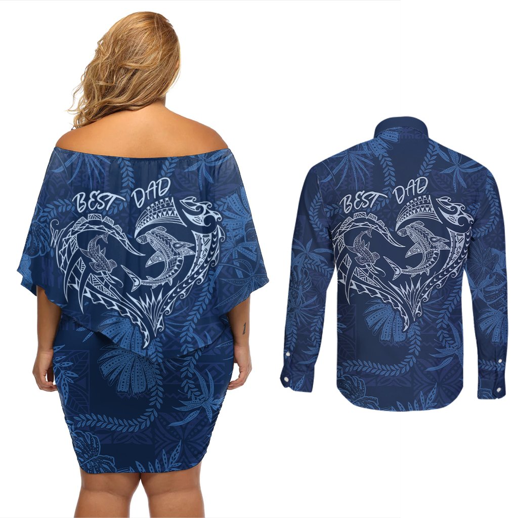 Hawaii Father's Day Vintage Lei Couples Matching Off Shoulder Short Dress and Long Sleeve Button Shirt Hauoli la Makuakane - Blue LT7 - Polynesian Pride