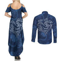 Hawaii Father's Day Vintage Lei Couples Matching Summer Maxi Dress and Long Sleeve Button Shirt Hauoli la Makuakane - Blue LT7 - Polynesian Pride