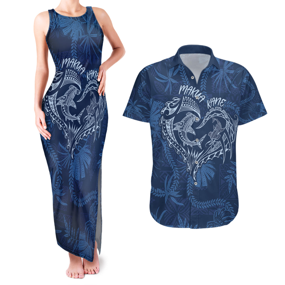 Hawaii Father's Day Vintage Lei Couples Matching Tank Maxi Dress and Hawaiian Shirt Hauoli la Makuakane - Blue LT7 Blue - Polynesian Pride