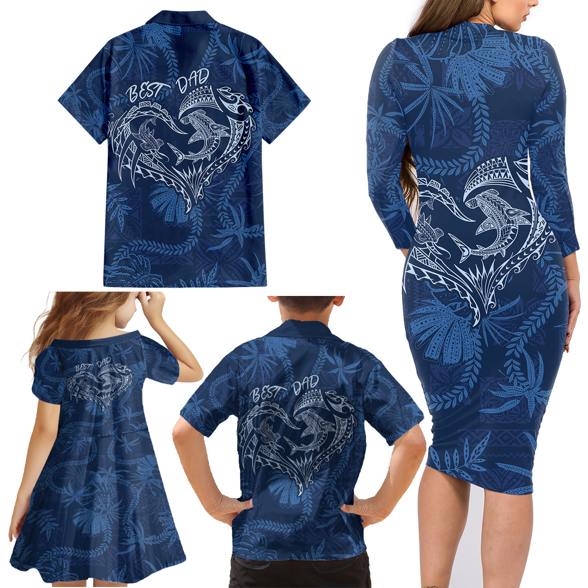 Hawaii Father's Day Vintage Lei Family Matching Long Sleeve Bodycon Dress and Hawaiian Shirt Hauoli la Makuakane - Blue LT7 - Polynesian Pride