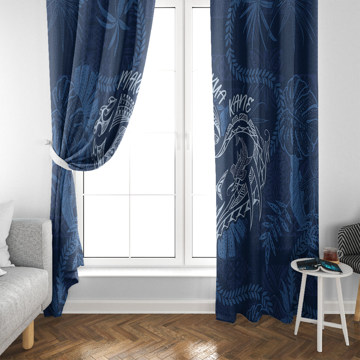 Hawaii Father's Day Vintage Lei Window Curtain Hauoli la Makuakane - Blue