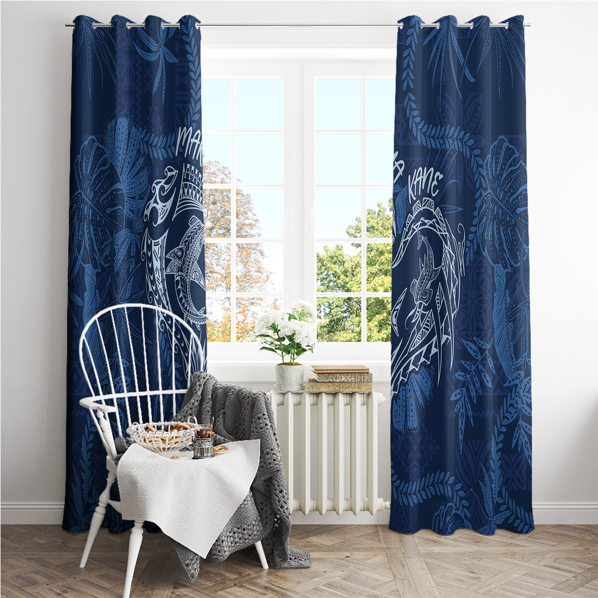 Hawaii Father's Day Vintage Lei Window Curtain Hauoli la Makuakane - Blue