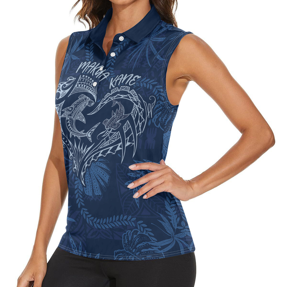 Hawaii Father's Day Vintage Lei Women Sleeveless Polo Shirt Hauoli la Makuakane - Blue LT7 - Polynesian Pride