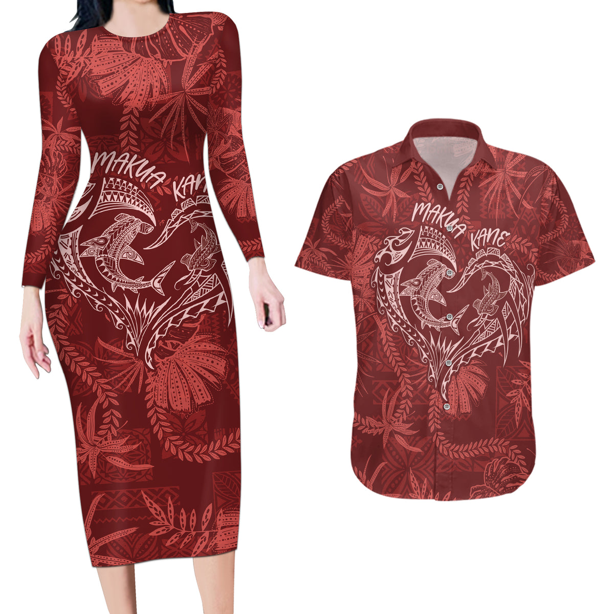 Hawaii Father's Day Vintage Lei Couples Matching Long Sleeve Bodycon Dress and Hawaiian Shirt Hauoli la Makuakane - Red LT7 Red - Polynesian Pride