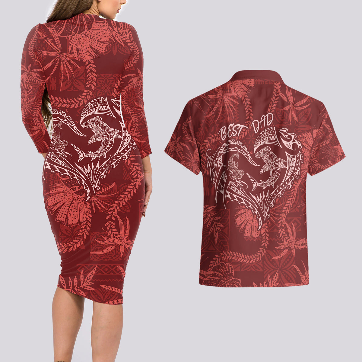 Hawaii Father's Day Vintage Lei Couples Matching Long Sleeve Bodycon Dress and Hawaiian Shirt Hauoli la Makuakane - Red LT7 - Polynesian Pride