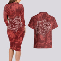 Hawaii Father's Day Vintage Lei Couples Matching Long Sleeve Bodycon Dress and Hawaiian Shirt Hauoli la Makuakane - Red LT7 - Polynesian Pride