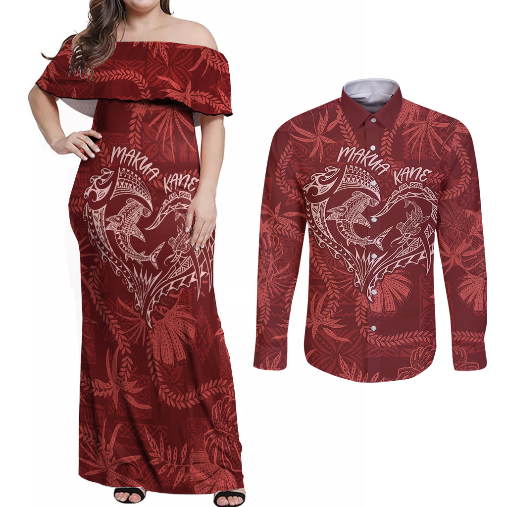 Hawaii Father's Day Vintage Lei Couples Matching Off Shoulder Maxi Dress and Long Sleeve Button Shirt Hauoli la Makuakane - Red LT7 Red - Polynesian Pride