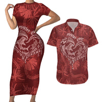 Hawaii Father's Day Vintage Lei Couples Matching Short Sleeve Bodycon Dress and Hawaiian Shirt Hauoli la Makuakane - Red LT7 Red - Polynesian Pride