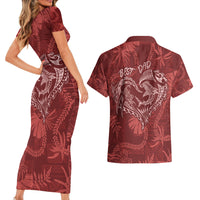 Hawaii Father's Day Vintage Lei Couples Matching Short Sleeve Bodycon Dress and Hawaiian Shirt Hauoli la Makuakane - Red LT7 - Polynesian Pride