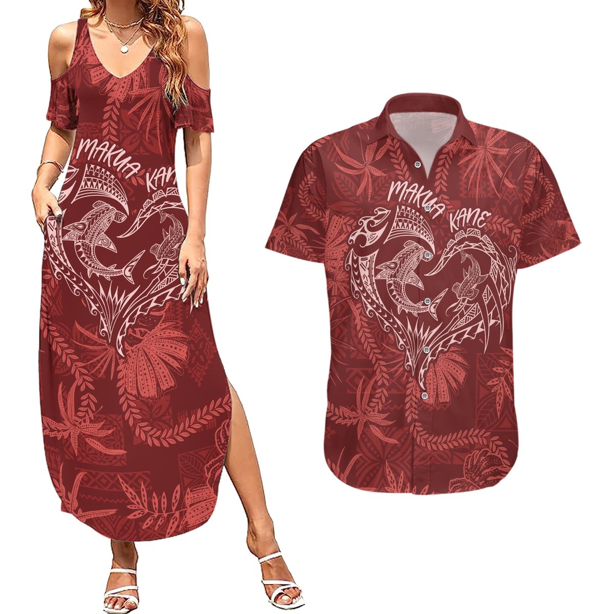 Hawaii Father's Day Vintage Lei Couples Matching Summer Maxi Dress and Hawaiian Shirt Hauoli la Makuakane - Red LT7 Red - Polynesian Pride