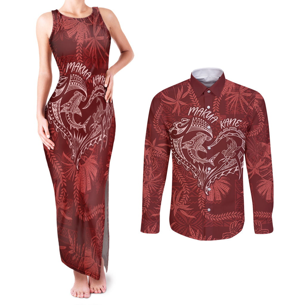 Hawaii Father's Day Vintage Lei Couples Matching Tank Maxi Dress and Long Sleeve Button Shirt Hauoli la Makuakane - Red LT7 Red - Polynesian Pride