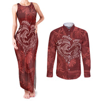 Hawaii Father's Day Vintage Lei Couples Matching Tank Maxi Dress and Long Sleeve Button Shirt Hauoli la Makuakane - Red LT7 Red - Polynesian Pride