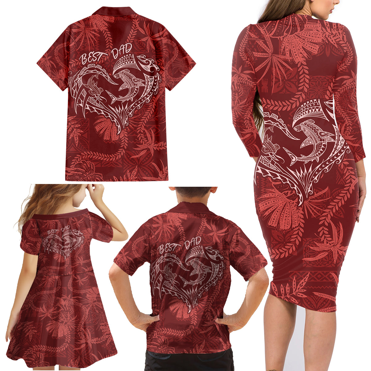 Hawaii Father's Day Vintage Lei Family Matching Long Sleeve Bodycon Dress and Hawaiian Shirt Hauoli la Makuakane - Red LT7 - Polynesian Pride