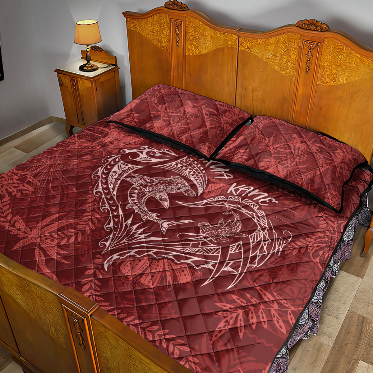 Hawaii Father's Day Vintage Lei Quilt Bed Set Hauoli la Makuakane - Red