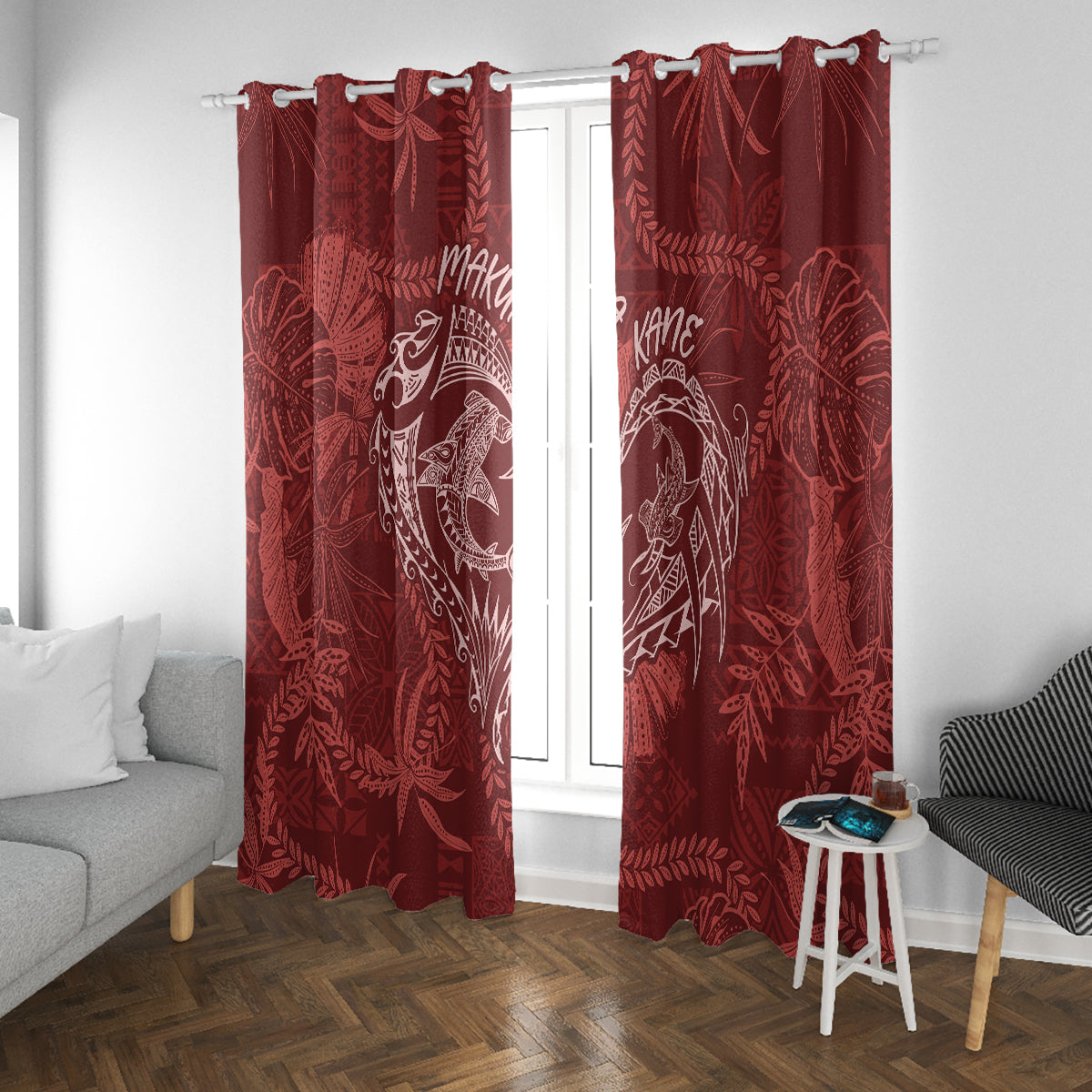 Hawaii Father's Day Vintage Lei Window Curtain Hauoli la Makuakane - Red