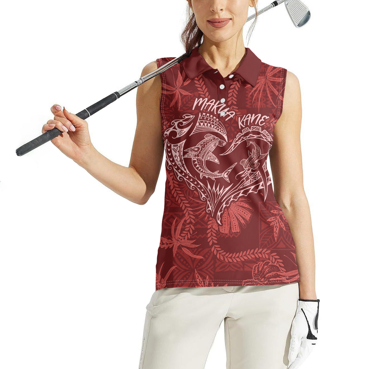 Hawaii Father's Day Vintage Lei Women Sleeveless Polo Shirt Hauoli la Makuakane - Red LT7 - Polynesian Pride