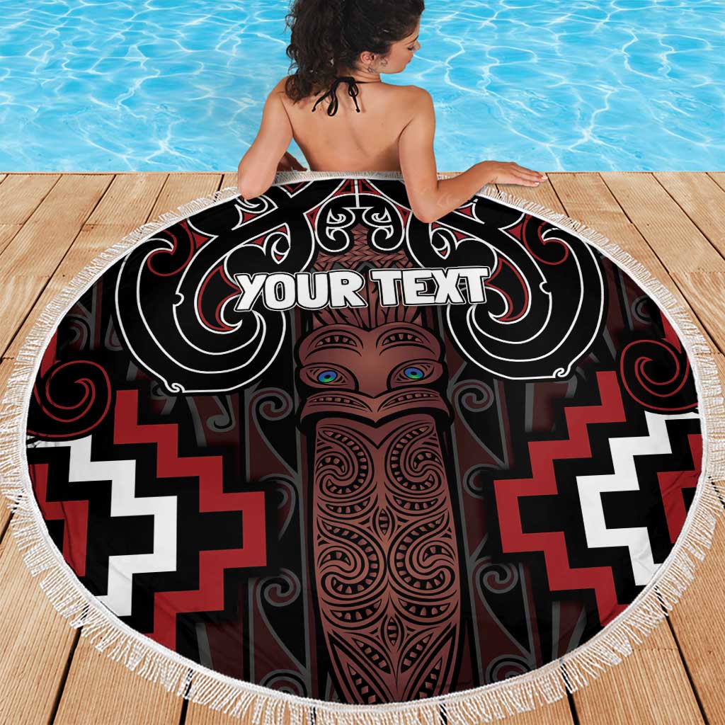 Maori Taiaha Whakairo Personalized Beach Blanket Red Poutama Motifs