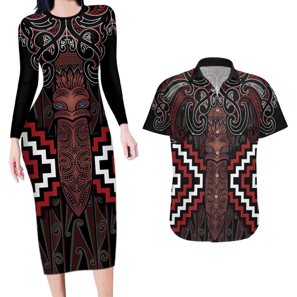Maori Taiaha Whakairo Personalized Couples Matching Long Sleeve Bodycon Dress and Hawaiian Shirt Red Poutama Motifs LT7 Red - Polynesian Pride