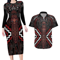 Maori Taiaha Whakairo Personalized Couples Matching Long Sleeve Bodycon Dress and Hawaiian Shirt Red Poutama Motifs LT7 Red - Polynesian Pride
