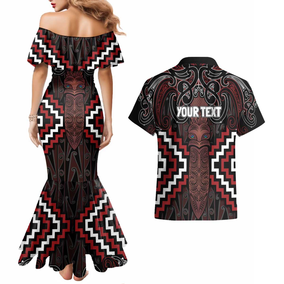 Maori Taiaha Whakairo Personalized Couples Matching Mermaid Dress and Hawaiian Shirt Red Poutama Motifs LT7 - Polynesian Pride