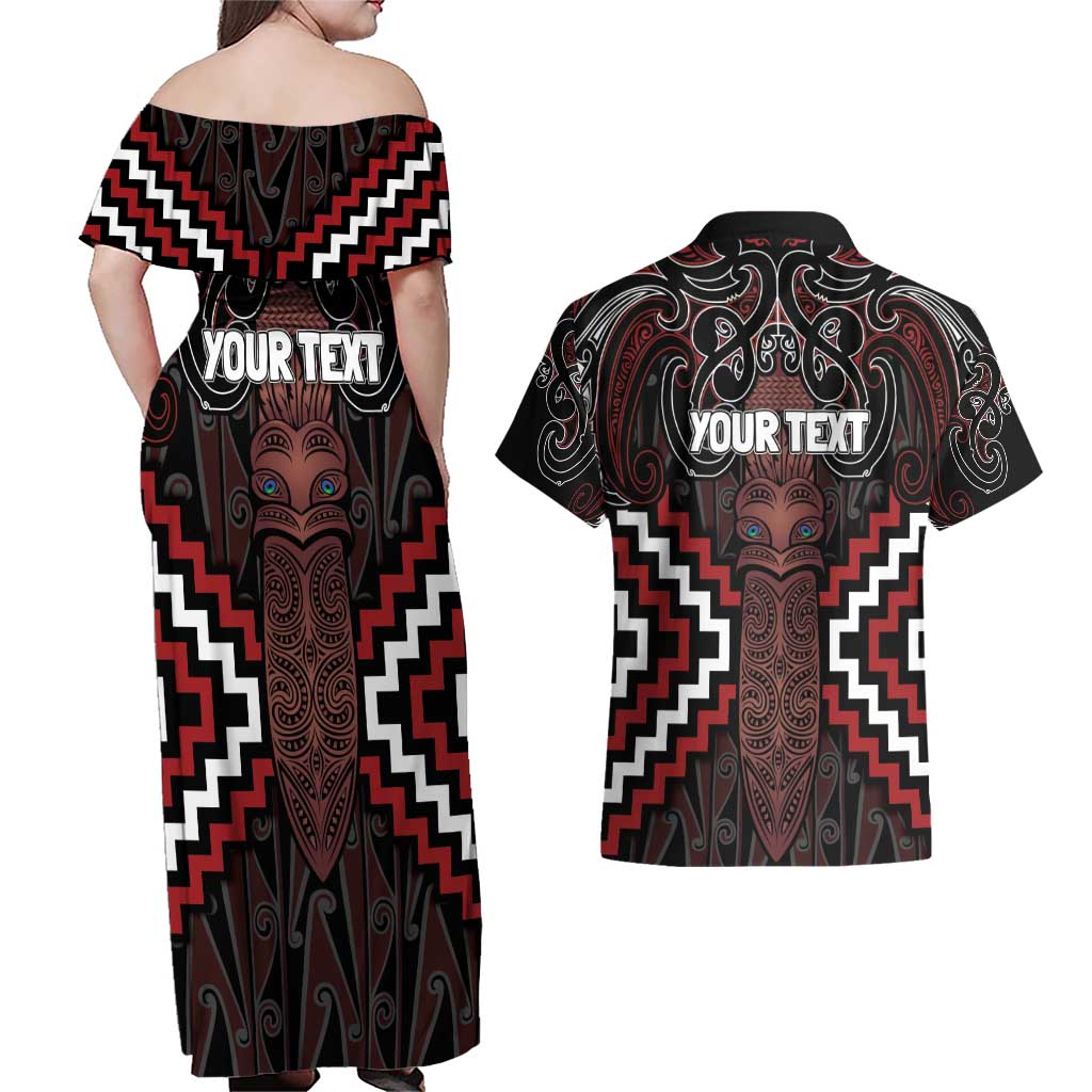 Maori Taiaha Whakairo Personalized Couples Matching Off Shoulder Maxi Dress and Hawaiian Shirt Red Poutama Motifs