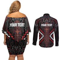 Maori Taiaha Whakairo Personalized Couples Matching Off Shoulder Short Dress and Long Sleeve Button Shirt Red Poutama Motifs