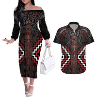 Maori Taiaha Whakairo Personalized Couples Matching Off The Shoulder Long Sleeve Dress and Hawaiian Shirt Red Poutama Motifs LT7 Red - Polynesian Pride
