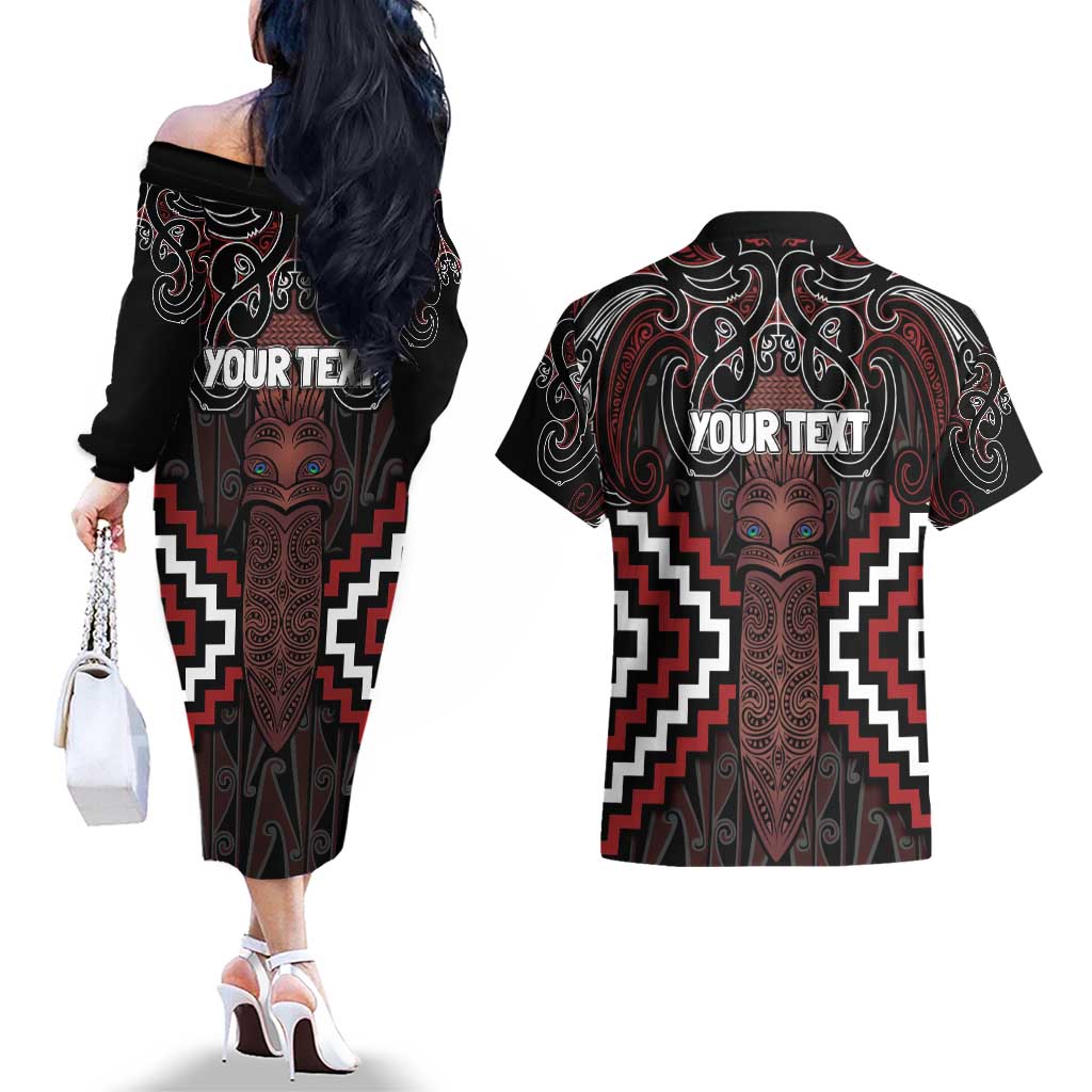 Maori Taiaha Whakairo Personalized Couples Matching Off The Shoulder Long Sleeve Dress and Hawaiian Shirt Red Poutama Motifs LT7 - Polynesian Pride