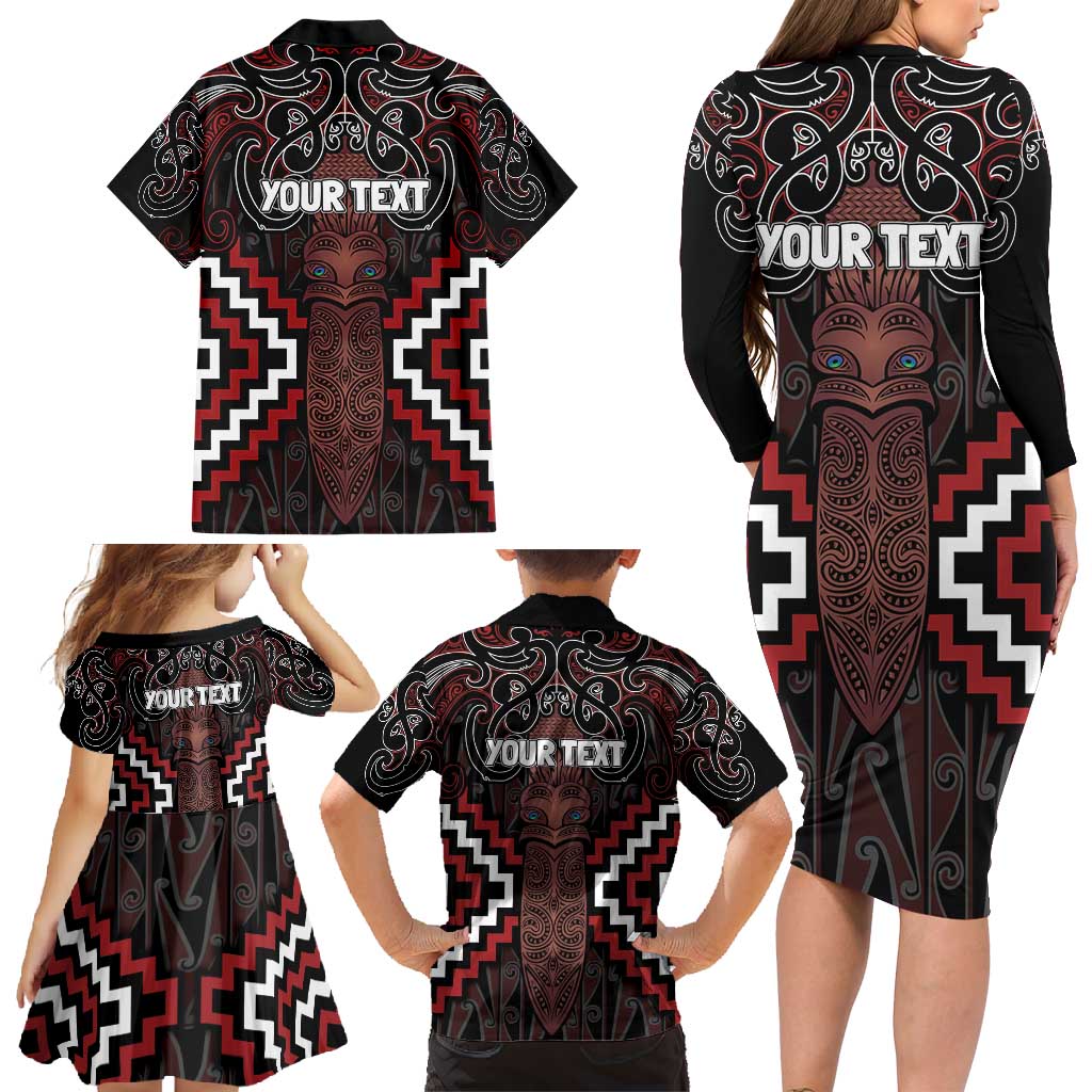 Maori Taiaha Whakairo Personalized Family Matching Long Sleeve Bodycon Dress and Hawaiian Shirt Red Poutama Motifs LT7 - Polynesian Pride