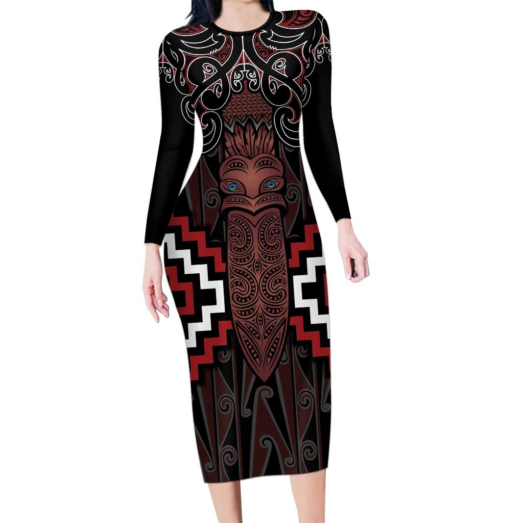 Maori Taiaha Whakairo Personalized Family Matching Long Sleeve Bodycon Dress and Hawaiian Shirt Red Poutama Motifs LT7 Mom's Dress Red - Polynesian Pride